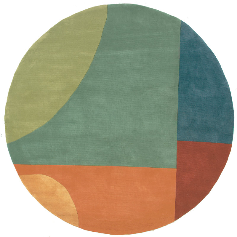 Tapis vert / bleu / orange en laine touffeté à la main Ayano, Rond 7 pi 9 po
