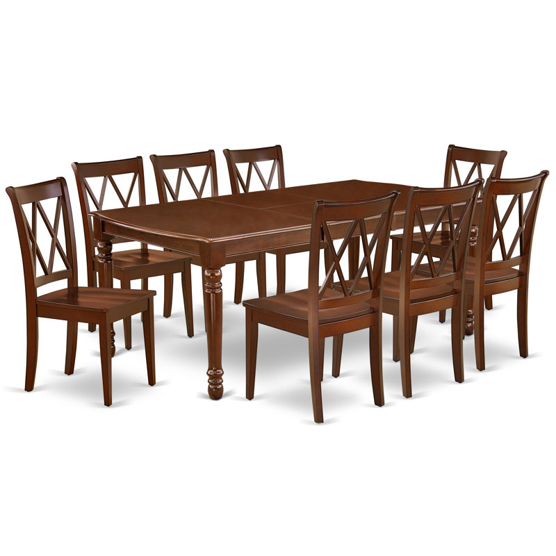 Ensemble de table de salle à manger 9 pièces comprenant une table de salle à manger rectangulaire avec rallonge papillon et 8 chaises en bois d'acajou