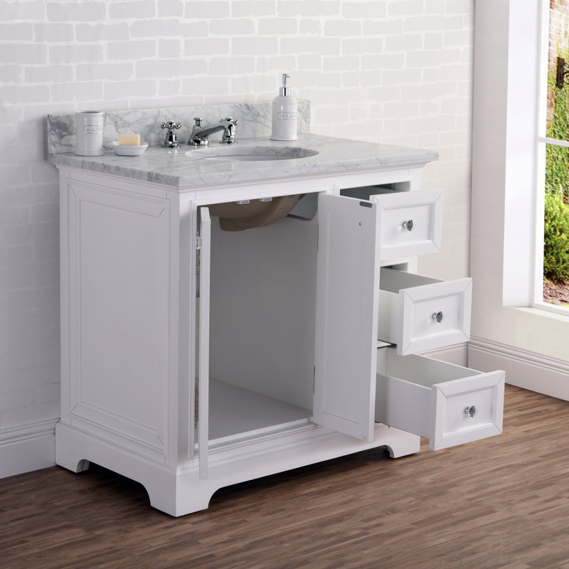 Derby 36" Carrara White Marble Countertop Bath Vanity with Faucet, White, No