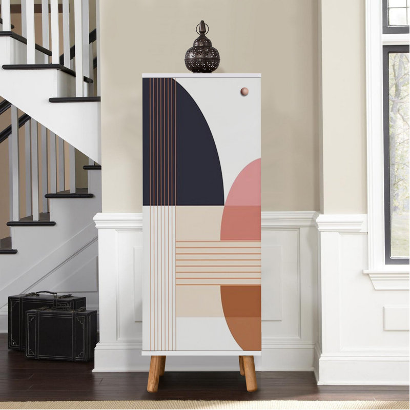 Armoire à chaussures moderne avec pieds et poignées en bois massif, blanc, 19,7 x 53,1 x 15,0 pouces | Panneau de particules 100% mélaminé, revêtement UV, nombreuses tablettes | Conception géométrique abstraite, parfaite pour les solutions d'entrée et de rangement