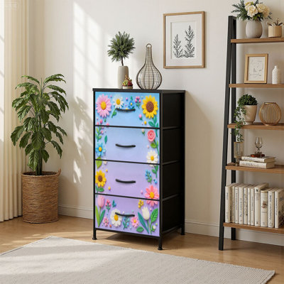Commode de rangement verticale 4 tiroirs avec bordure florale et fleurs en argile colorées