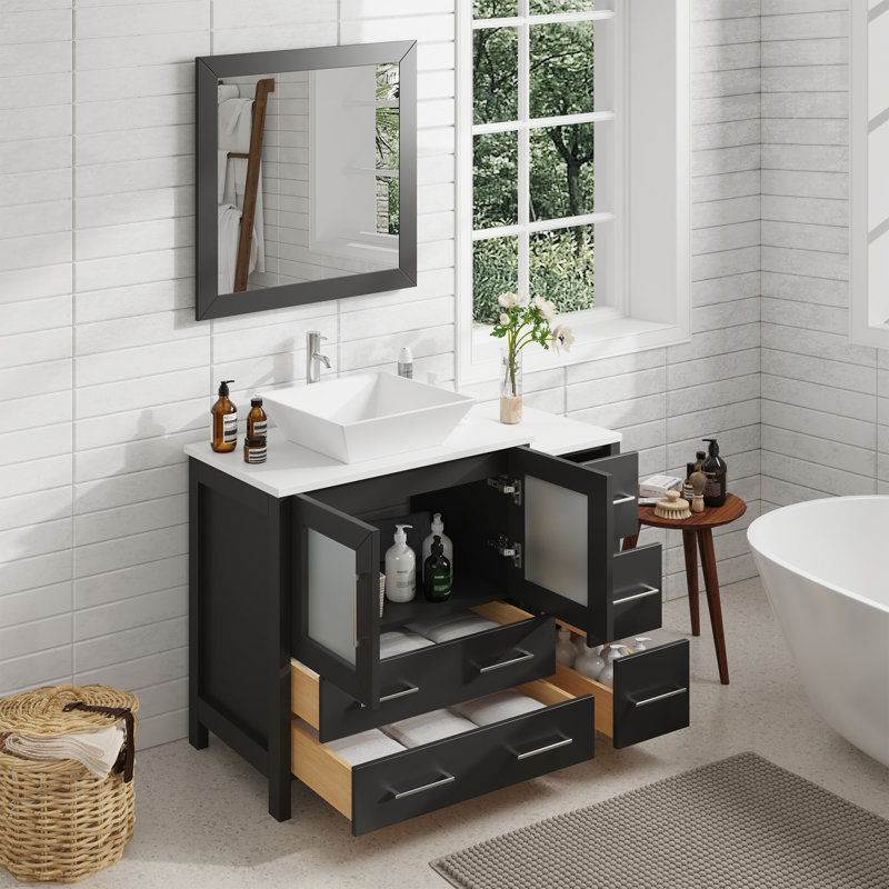 Ensemble de meuble-lavabo autoportant avec cadre en marbre et miroir assorti encadré de 42 po, Espresso