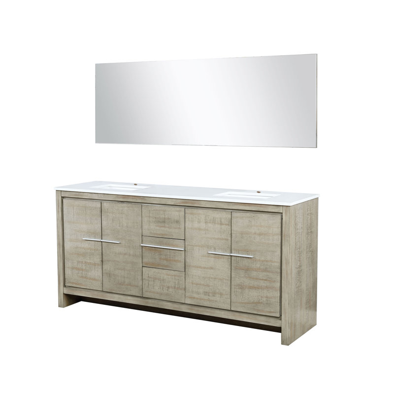 Meuble-lavabo double rustique P 20 po, comptoir en quartz et miroir 70 po, Blanc / bois d'acacia