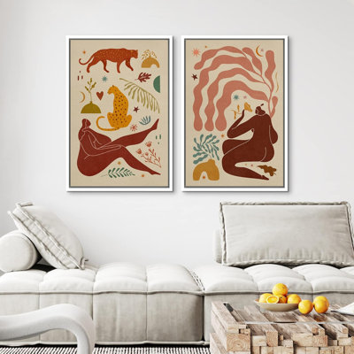 Bright Preppy Animals " Mid-Century Body Positivity Cheetah Cat " 2 - Pieces