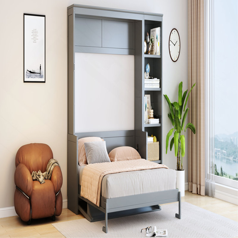 Grand lit escamotable avec bureau et bibliothèque, Gris