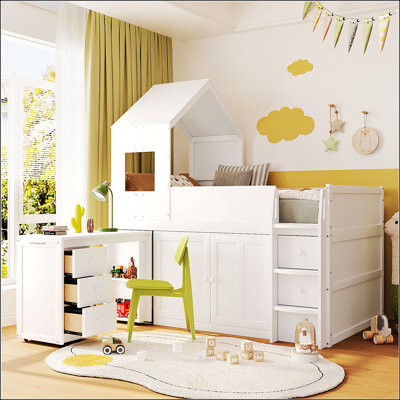 Twin Size Wooden Loft Bed With Integrated Desk, Drawers, And Cabinets  For Space-Saving And Multifunctional Use