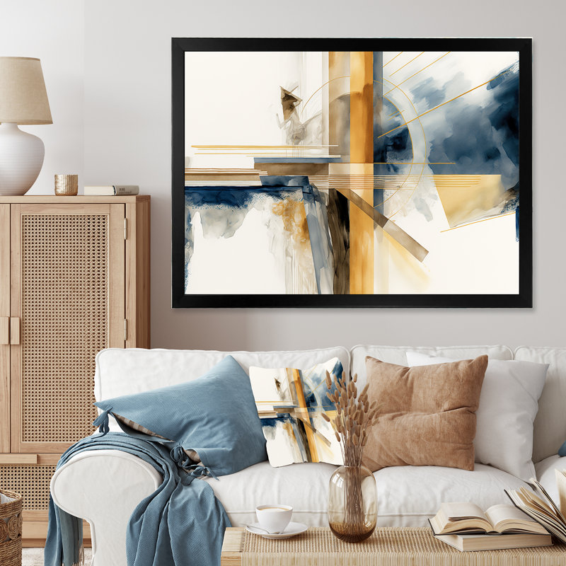Abstrait moderne bleu et or IV - impressions abstraites sur toile transitionnelle, Cadre simple noir