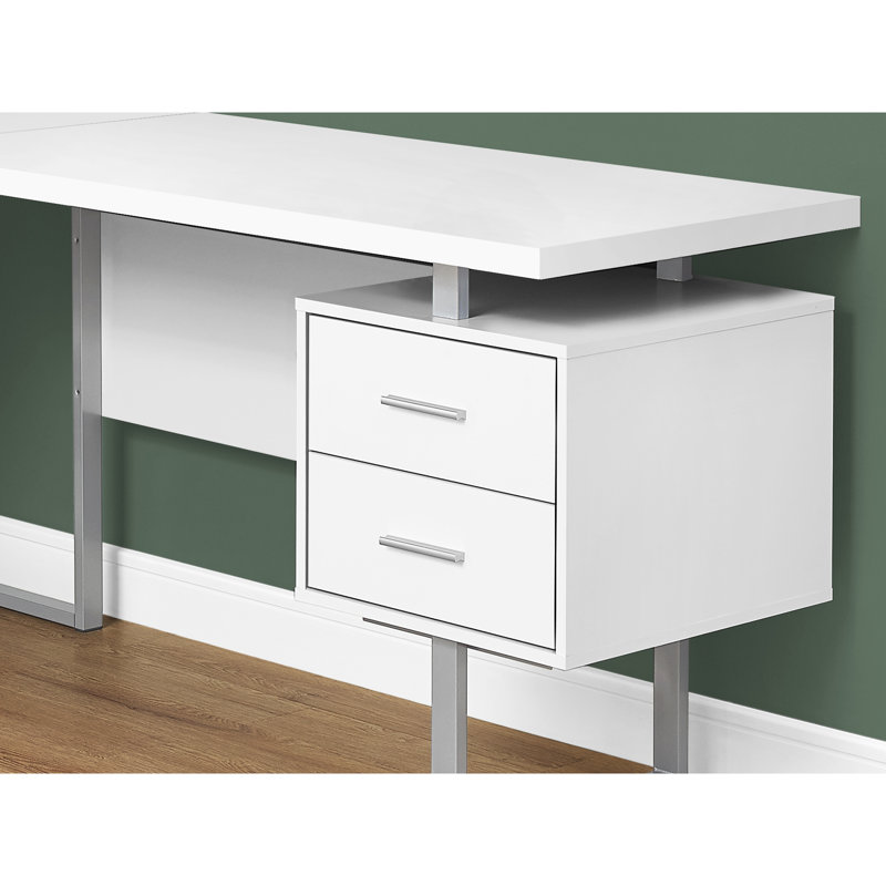 L-Shaped Solid Wood Computer Desk, White/Silver