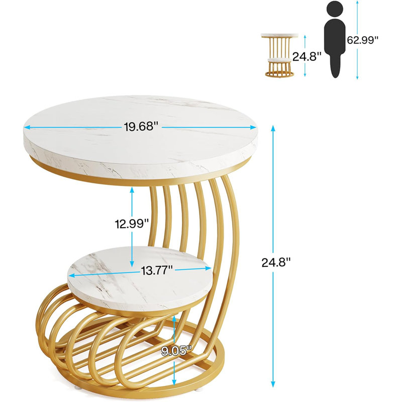 Gold and White Faux Marble Round End Table with Storage Shelf