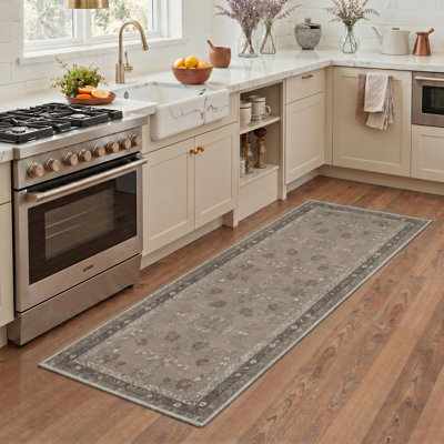 Tapis taupe Amboy Vintage Floral Collection, lavable à la machine, avec envers antidérapant