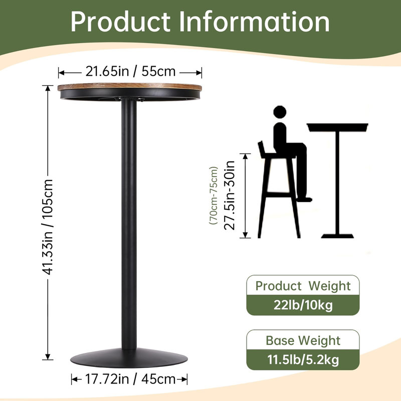 Table de bar ronde de 42 po de hauteur, table de pub rustique industrielle avec plateau en bois massif et base en métal robuste pour la cuisine, la salle à manger et le bistro