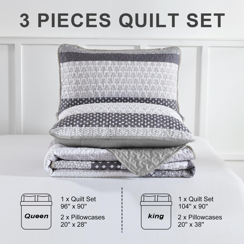 3-Piece Bohemian Stripe Quilt Set Lightweight Microfiber All Season, King Quilt + 2 King Pillowcases, Gray