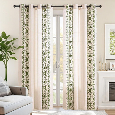 Embroidered Linen Curtain Set, Light Filtering Window Panels with Floral Pattern and Grommet Top, Farmhouse Drapes for Living Room and Bedroom (Set of 2)