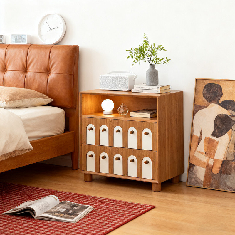 Table de chevet moderne de 26 po avec station de charge et miroirs courbés, table de chevet Mid-Century avec 2 tiroirs pour la chambre à coucher et le salon