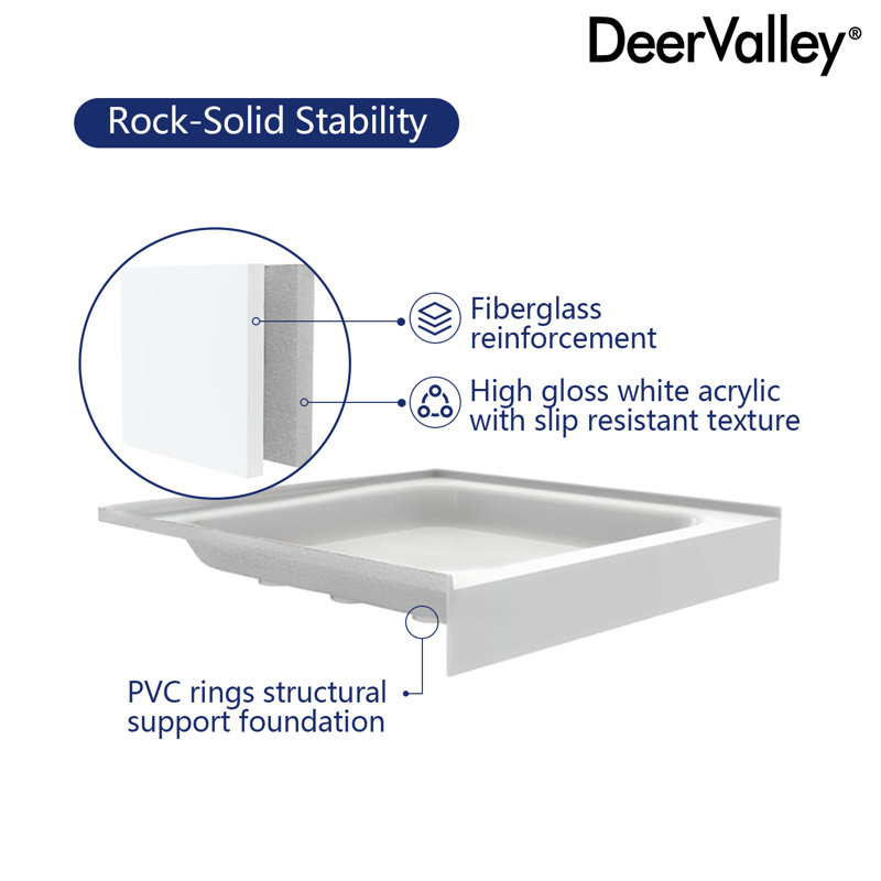 DeerValley 60" Shower Base in White with Single Threshold Shower Pan, Non-slip Design, 3.5" H x 60" W x 36" D