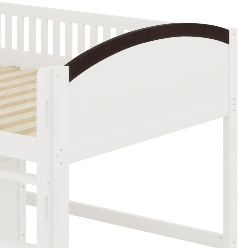 Modern Loft Bed with Storage Cabinet, Wardrobe and LED, White+Espresso