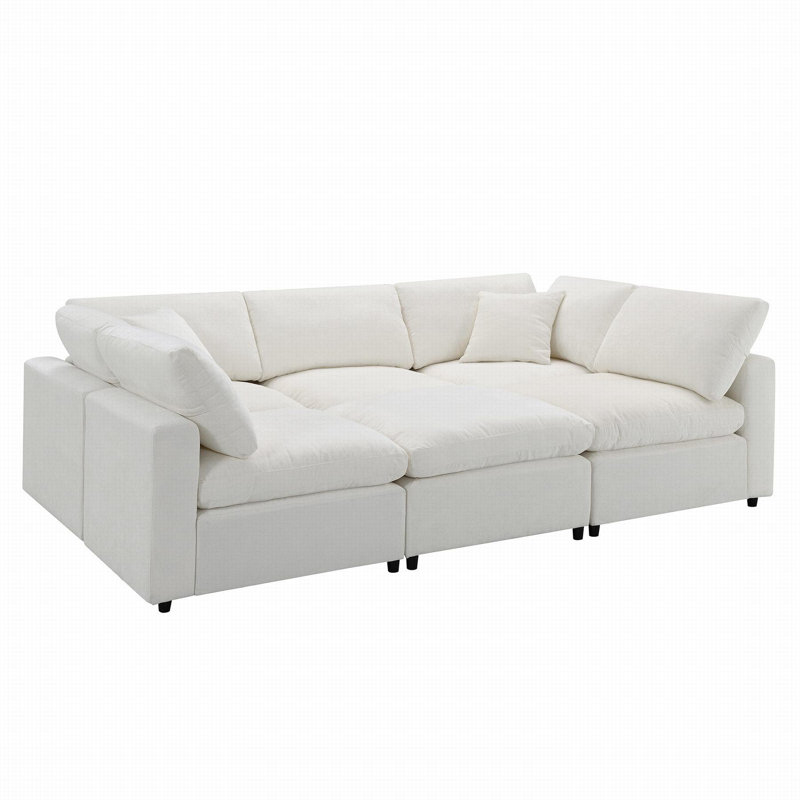 Meadow 130" U-Shaped Modular 6 Seater Chenille Sectional Couch With Ottoman, Beige Chenille