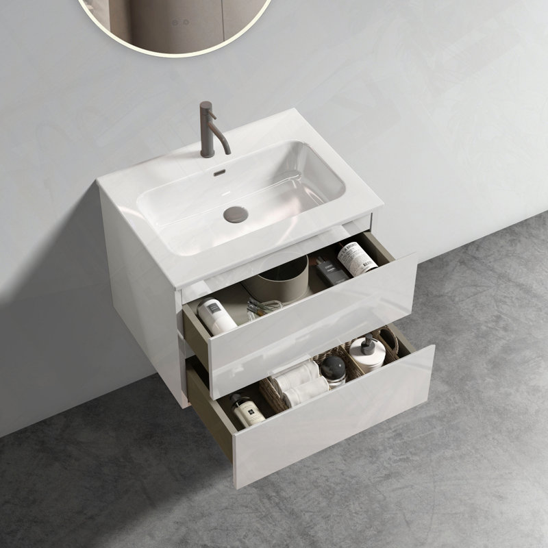 Meuble-lavabo mural avec lavabo en céramique et un trou de robinet pré-assemblé, Glossy White