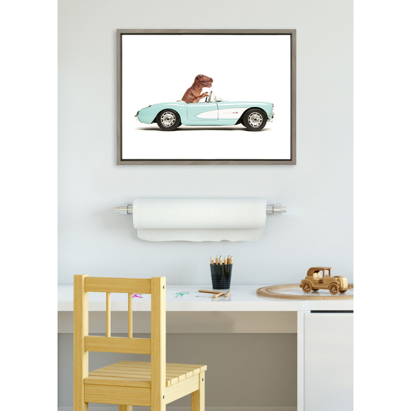 Dino au volant de la Corvette bleue de 1958 par Saint and Sailor Studios, reproduction d'art sur toile encadrée, Gris