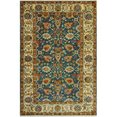 Tapis unique en laine noué à la main bleu / brun 3 pi 2 po x 4 pi 10 po Carlotta