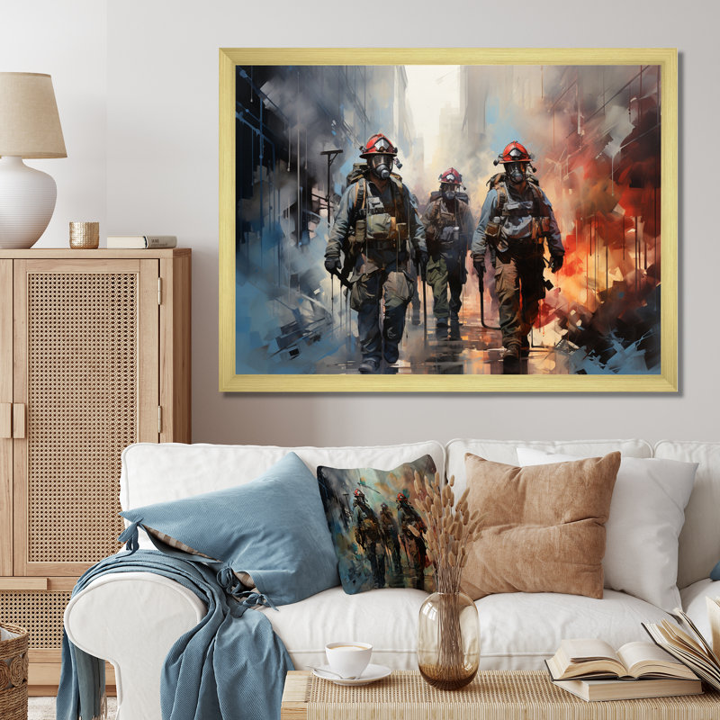 Fireman Heroes In Action II - Fireman, art mural, 12" H x 20" W, Gold Picture Framed