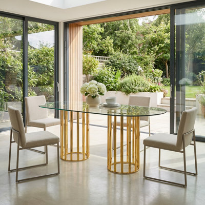 Table de salle à manger ovale en verre trempé avec base à double colonne pour 6 à 8 personnes, surface résistante aux égratignures et facile à nettoyer