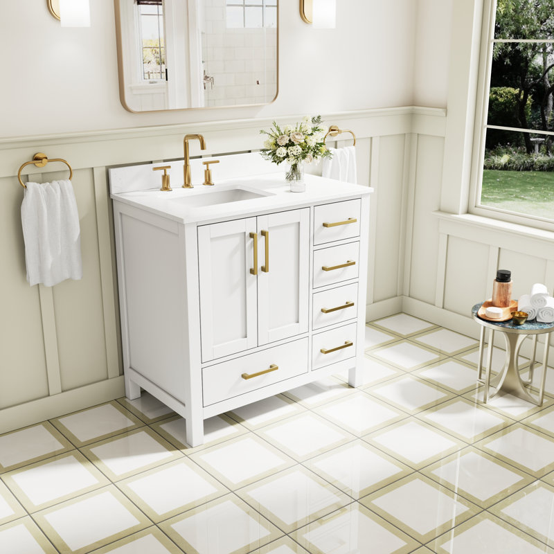Freestanding 36" W x 35" H Solid Wood Bathroom Vanity With Carrara White Cultured Marble Countertop And Ceramic Single Sink,White