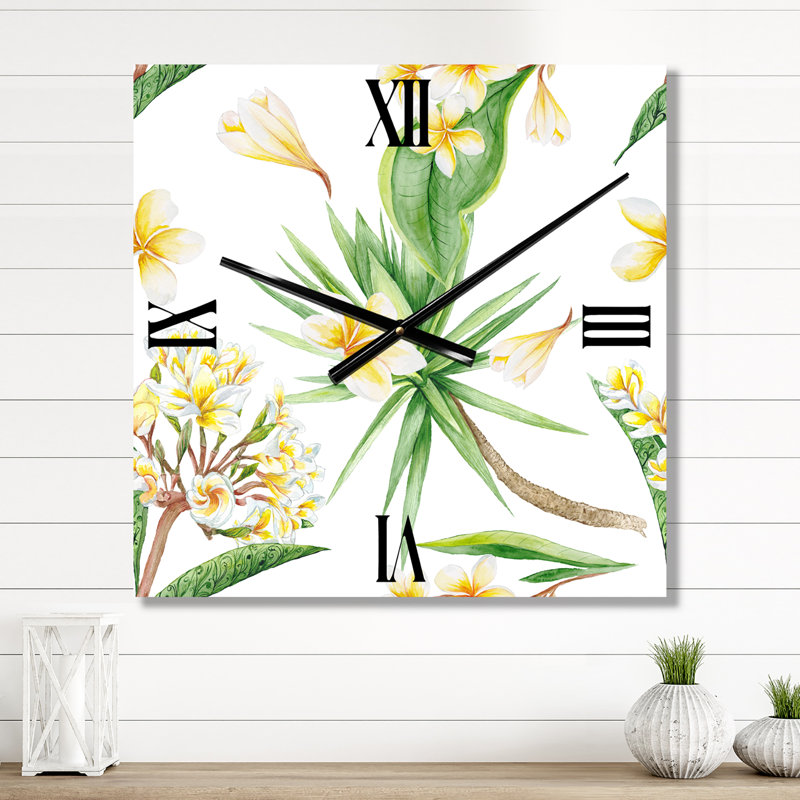 Horloge murale à feuillage tropical et fleurs V, Grand