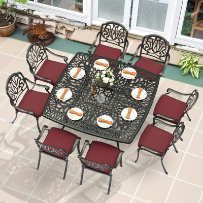 9-Piece Outdoor Furniture Dining Set For 8, All Weather Cast Aluminum Patio Dining Set- Large 64" Square Table With Umbrella Hole And 8 Cushioned Chairs, Patio Table And Chairs Set