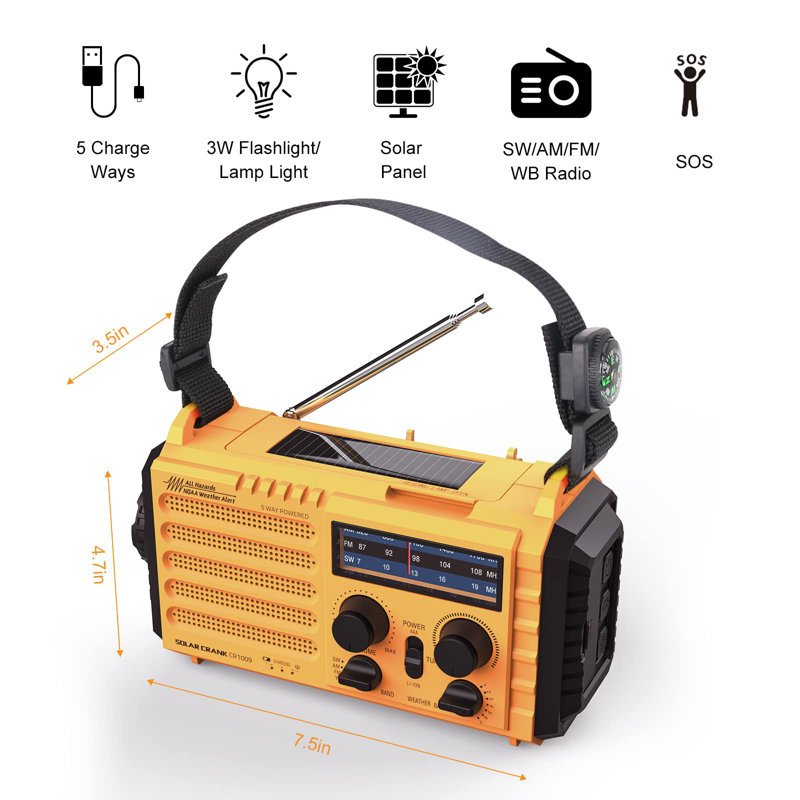 Weather Radio, 5000Mah/18500Mwh NOAA Weather Radio, Solar Hand Crank Emergency Radio With AM/FM/SW/NOAA Weather Alert, Flashlight, Reading Lamp, Cell Phone Charger And SOS Siren