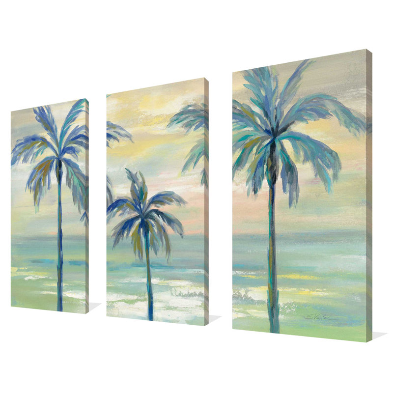 Marine Layer Palms - Ensemble de 3 peintures sur toile tendue, H 24 po x l 36 po x P 0,75 po