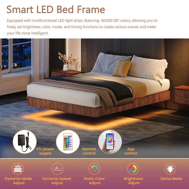 Floating Bed Frame With LED Lights, Metal Bed Frame,  Underbed Storage, No Box Spring Needed, Walnut, Queen