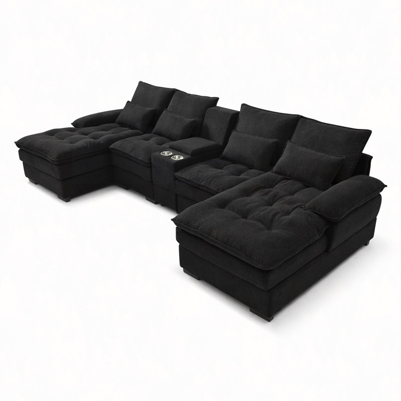 130" U-Shaped Sofa With Console,Cupholders,6-Seat Upholstered Primary Living Space Furniture,Sleeper Couch Set With Chaise For Living Room,Apartment