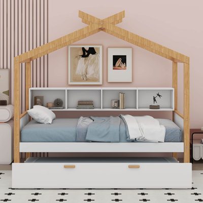 Anniemae Twin Size Wooden House Bed with Twin Size Trundle and Bookshelf