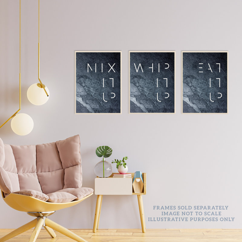 Whip Mix Eat It Up Grey Slate Kitchen Quote Minimal Typography - 3 Piece No Frame Print Set, 29.7cm H x 21cm W x 0.4cm D