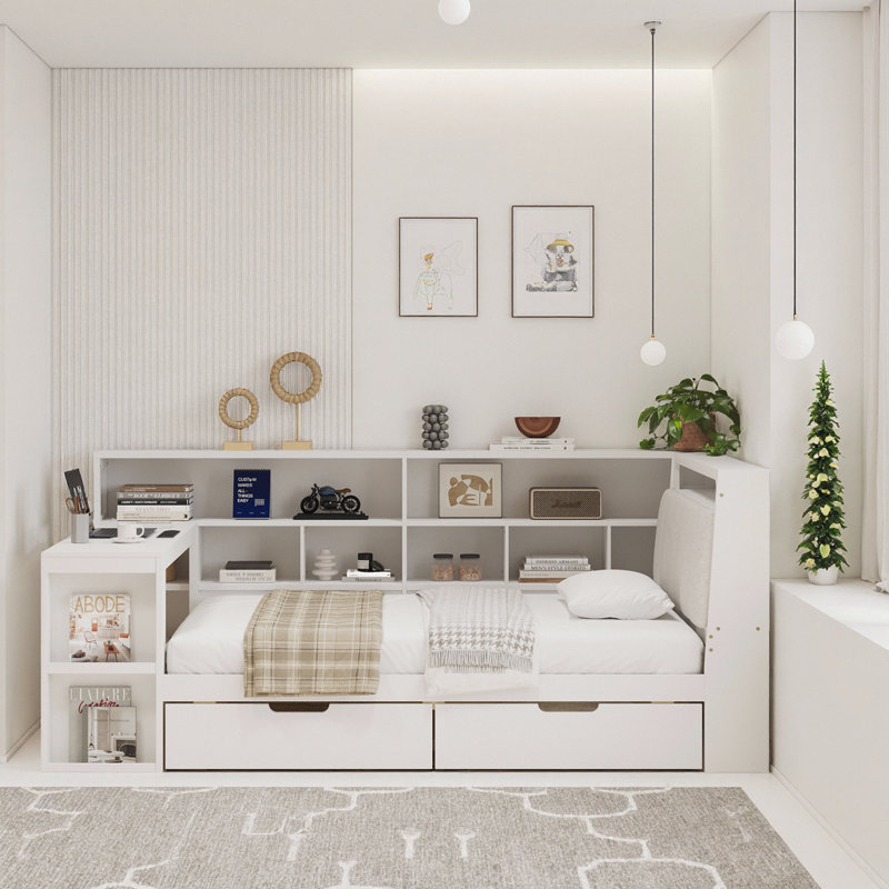 Lit de jour en L blanc pleine grandeur peu encombrant avec bureau intégré, bibliothèque de rangement, tête de lit RVB et tiroirs sous le lit