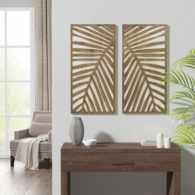 Wooden Palm Leaf Wall Decor, Carved and Framed