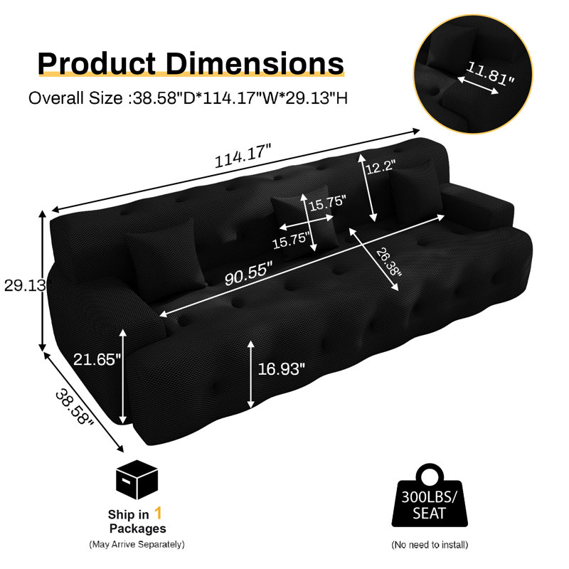 114" Compression Cloud Sofa Deep Seat Large Couch With Pillows, Black