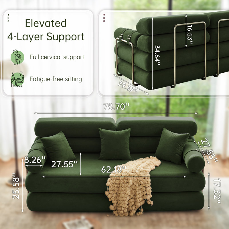 78.7" King Size Convertible Sleeper Sofa Bed With 3 Pillows,Retro Chenille Folding Mattress Couch, High Resilience Memory Foam Mattress Sofa Removable And Washable, Suitable For Small Space In Living Room, No Assembly Required