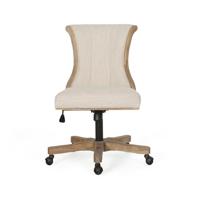  Upholstered Swivel Office Desk Chair with Adjustable Height and Wood Frame, Beige Natural