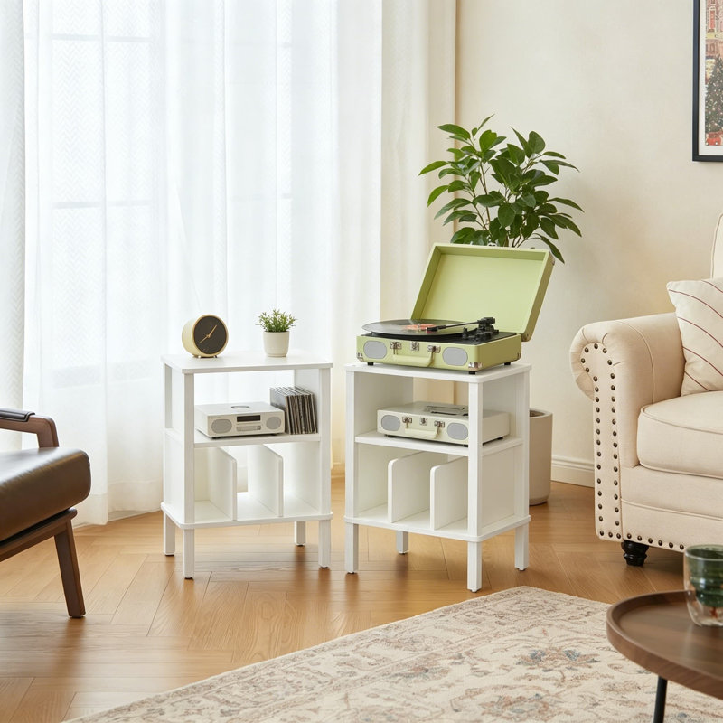 Support pour tourne-disque à 2 niveaux avec rangement pour disques vinyle pouvant contenir jusqu'à 100 albums, table de bout multifonctionnelle pour le salon, la chambre à coucher et les espaces étroits, gris et blanc