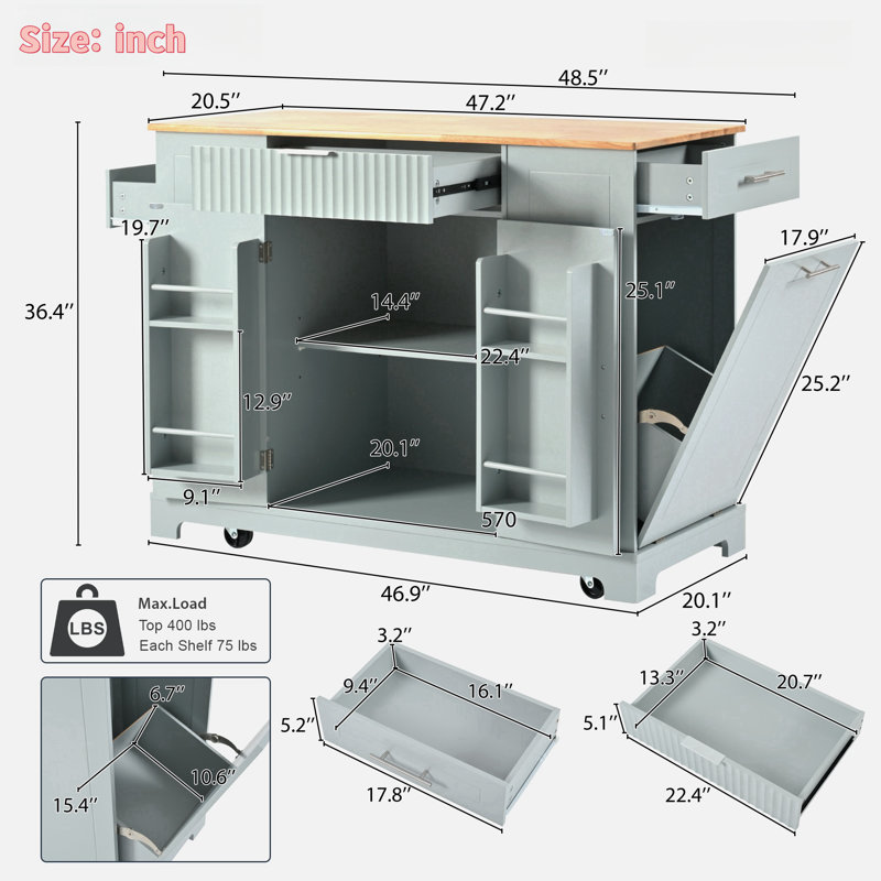 Bickley  Kitchen Island With Tilt-out Trash Can, Power Outlet, Internal Storage Rack, 3 Drawers And 3 Open Side Racks