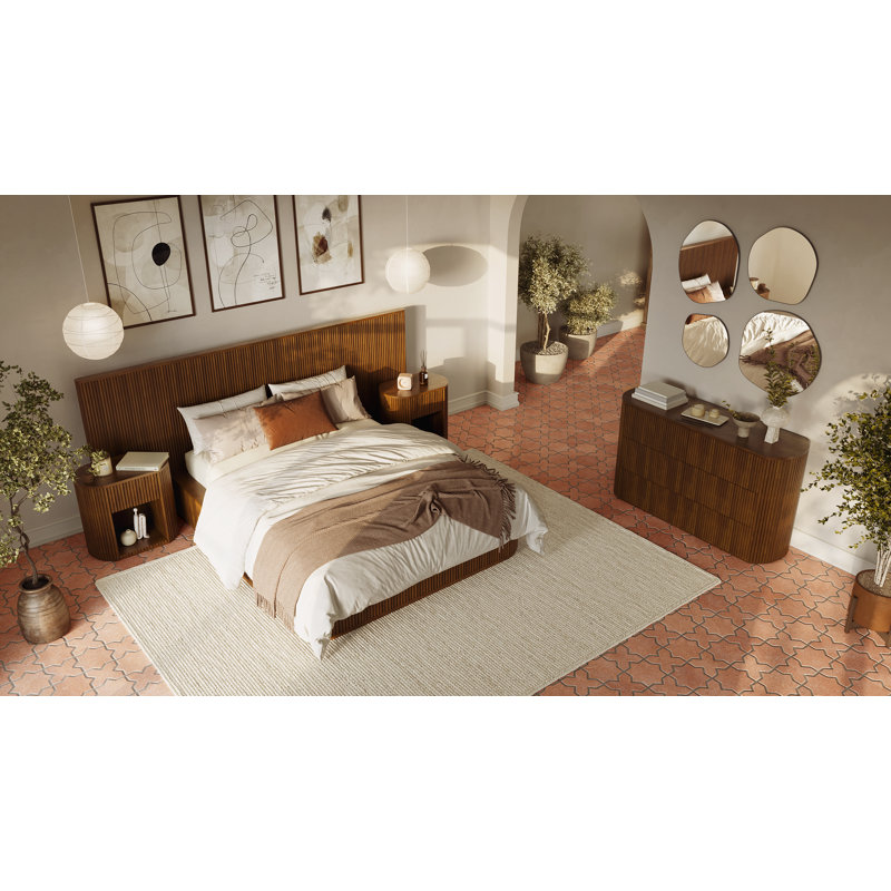 Ensemble de chambre à coucher en bois massif cannelé 3 pièces Harrison, Trois pièces : Lit, table de chevet et commode
