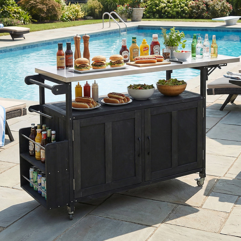 Îlot de cuisine extérieur pliable avec roulettes verrouillables, armoire de rangement et porte-serviettes pour une cuisson efficace sur la terrasse