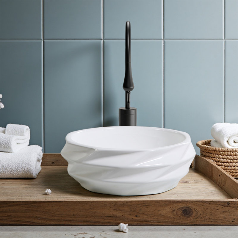 15.75" x 5.9" Round Diamond-Quilted Ceramic Bathroom Vessel Sink, 3D Geometric Facets, Nano-Glaze Surface, No Faucet Hole, Gloss White