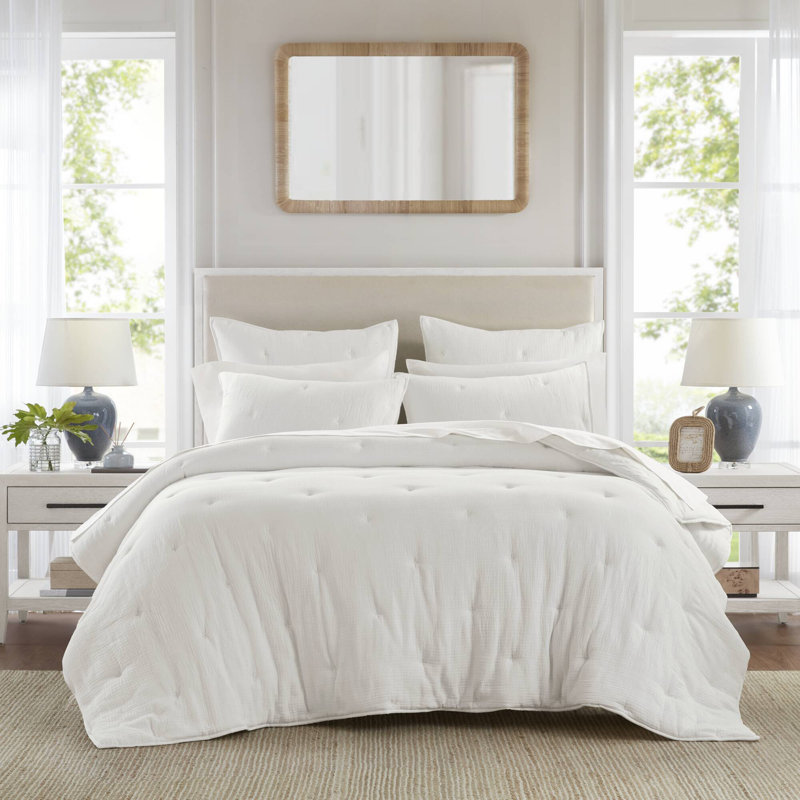 Breeze White 100% Cotton Gauze Embroidered 3-Piece King Quilt Set, White, King Quilt + 2 King Shams