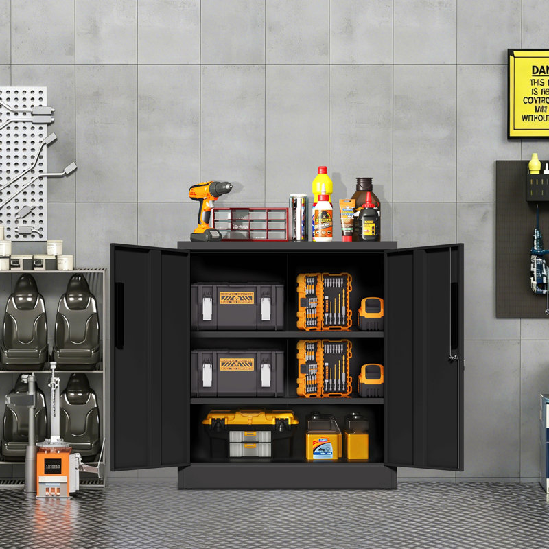 Metal Storage Cabinet with Lock, 2-Door Garage Storage Cabinet with 2 Adjustable Shelves, Heavy Duty Steel File Cabinet for Home, Office, Garage, School