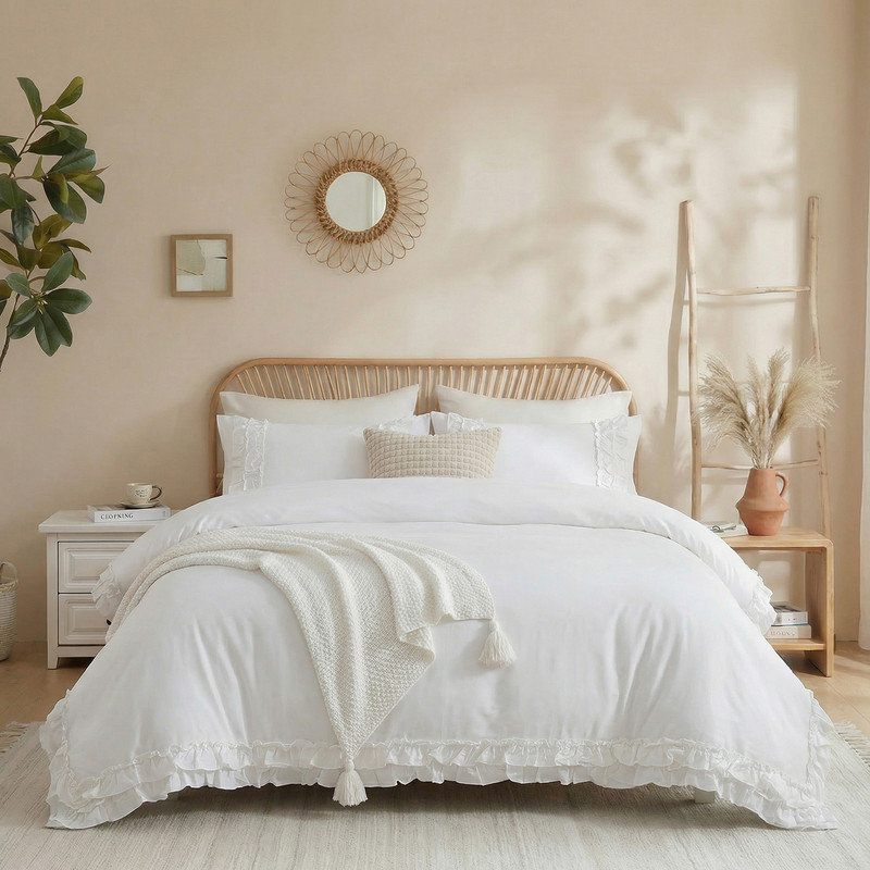 Ensemble de housse de couette 100% coton à volants pour grand lit, ensemble de literie de style campagnard blanc, Blanc