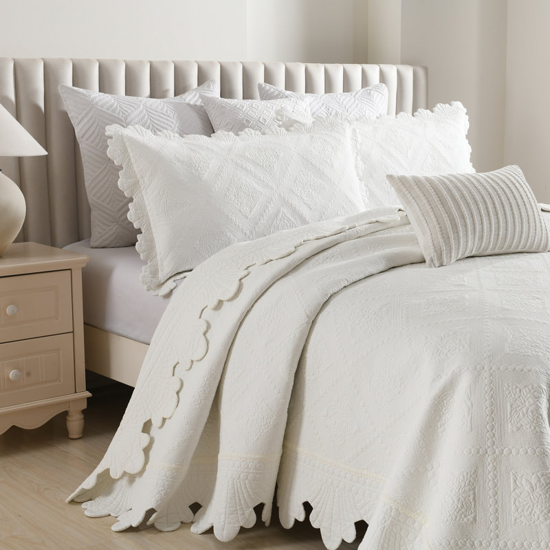 Ensemble 100% coton Tkemb broderie, Blanc, Courtepointe très grand et 2 très grandes taies