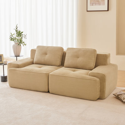 Canapé modulaire en L de 82 po pour salon modulaire en tissu velours côtelé de 82 po avec assise profonde, passepoil perlé, conception capitonnée, sans assemblage, conception antidérapante, brun clair